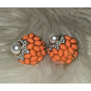 FF144 - Kenneth Jay Lane  Orange, Pearl & Rhinestone Earrings